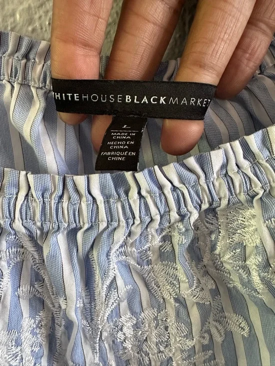 White House Black Market Off Shoulder Embroidered Blouse Blue Stripe Cotton L - Picture 6 of 14